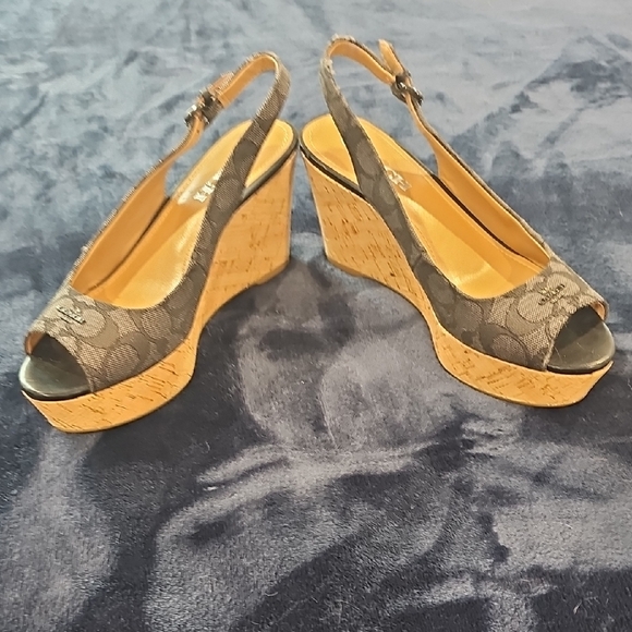 Coach Shoes - Coach Black and Tan Wedge Slingback Peep-Toe